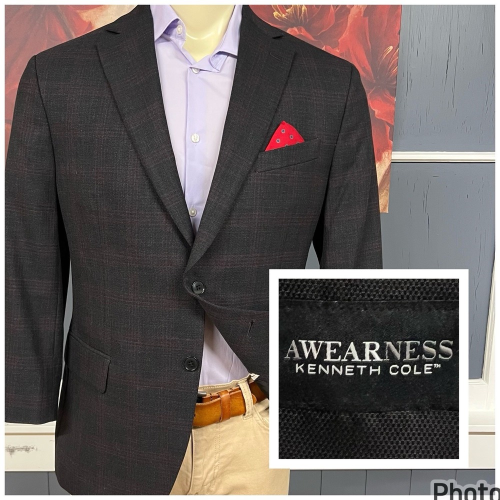 Kenneth Cole Hopsack Blazer Mens 42S Short Modern Fit Wool Stretch Dark Gray/Red